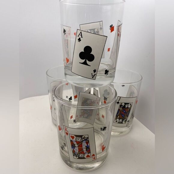 Vintage Playing Cards Design Lowball Glasses – Set of 4 Tumblers - Picture 7 of 12